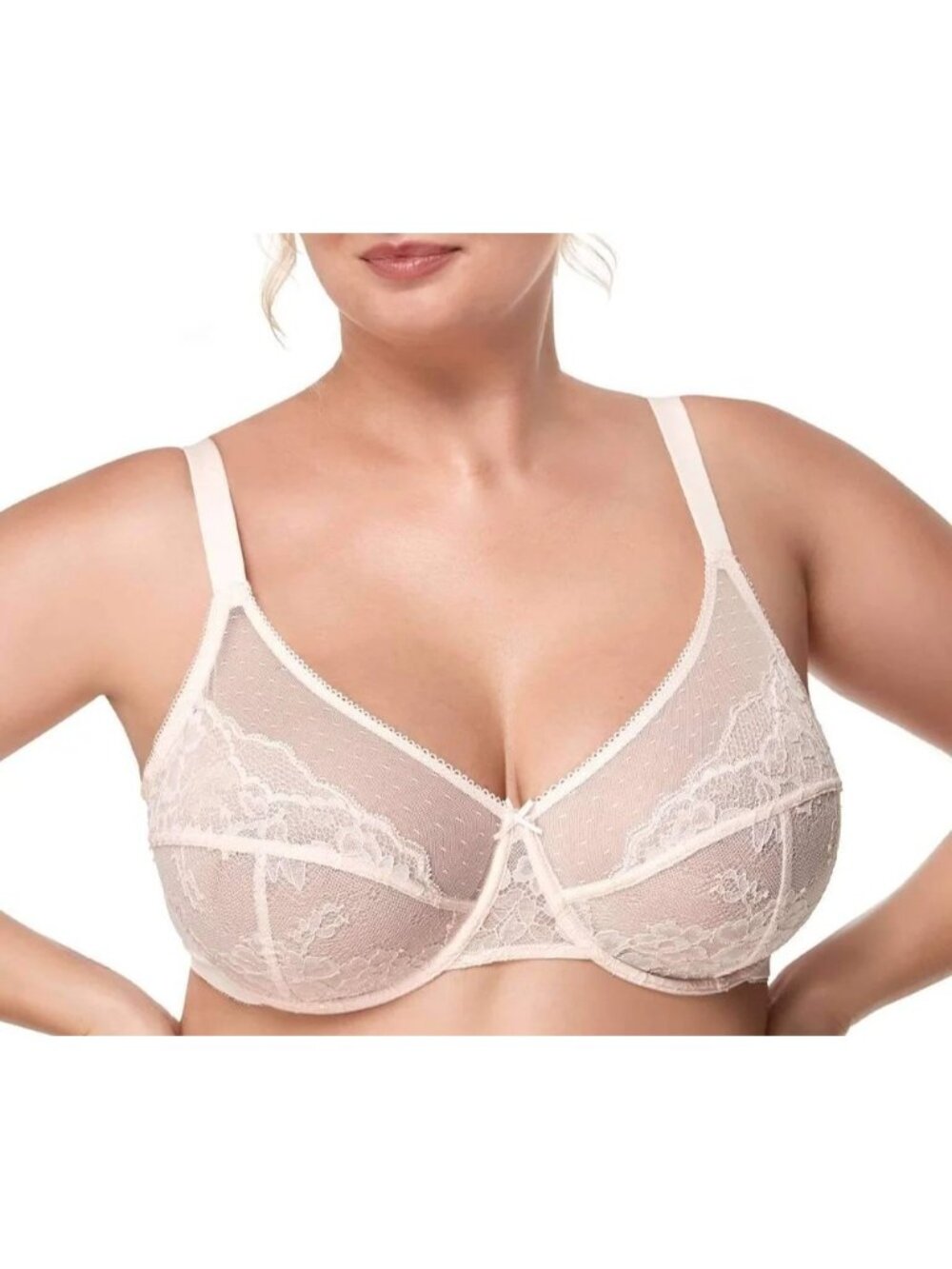 HSIA Enchante Lace Sheer Unlined Underwire Bra 44DDD Pale Pink EUC